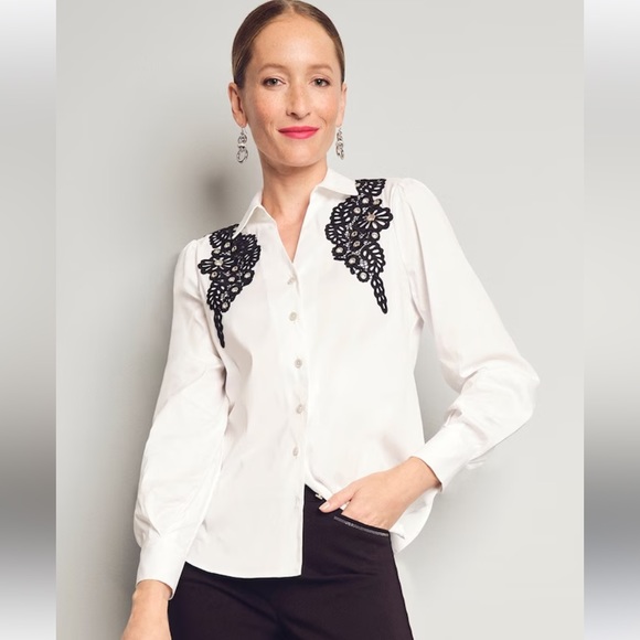 :: CHICO’S Poplin Black Lace on White Appliqué Blouse Dressy Shirt SOLD … - Picture 11 of 14